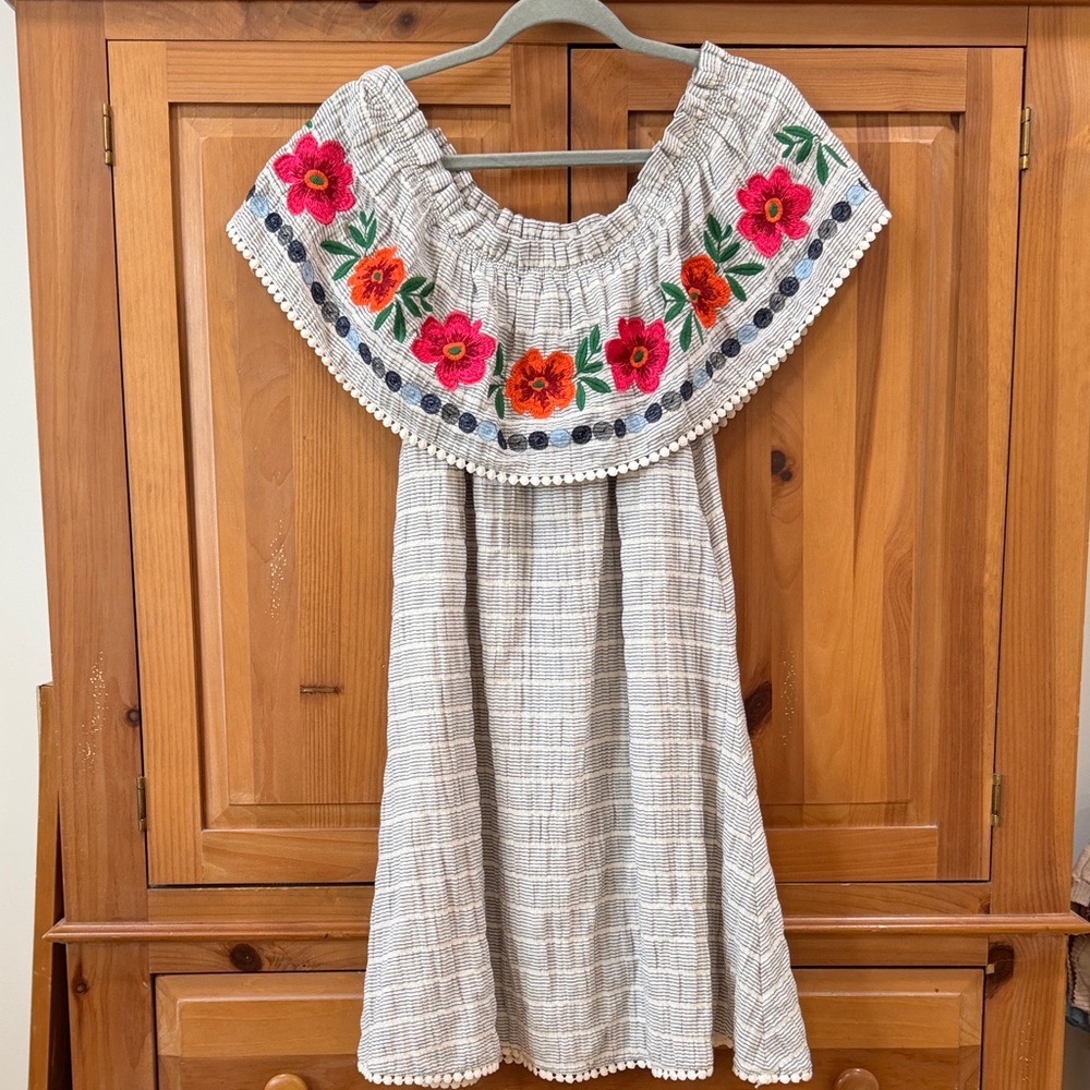 THML Cream Off-Shoulder Midi Dress with Pink & Orange Floral Embroidery